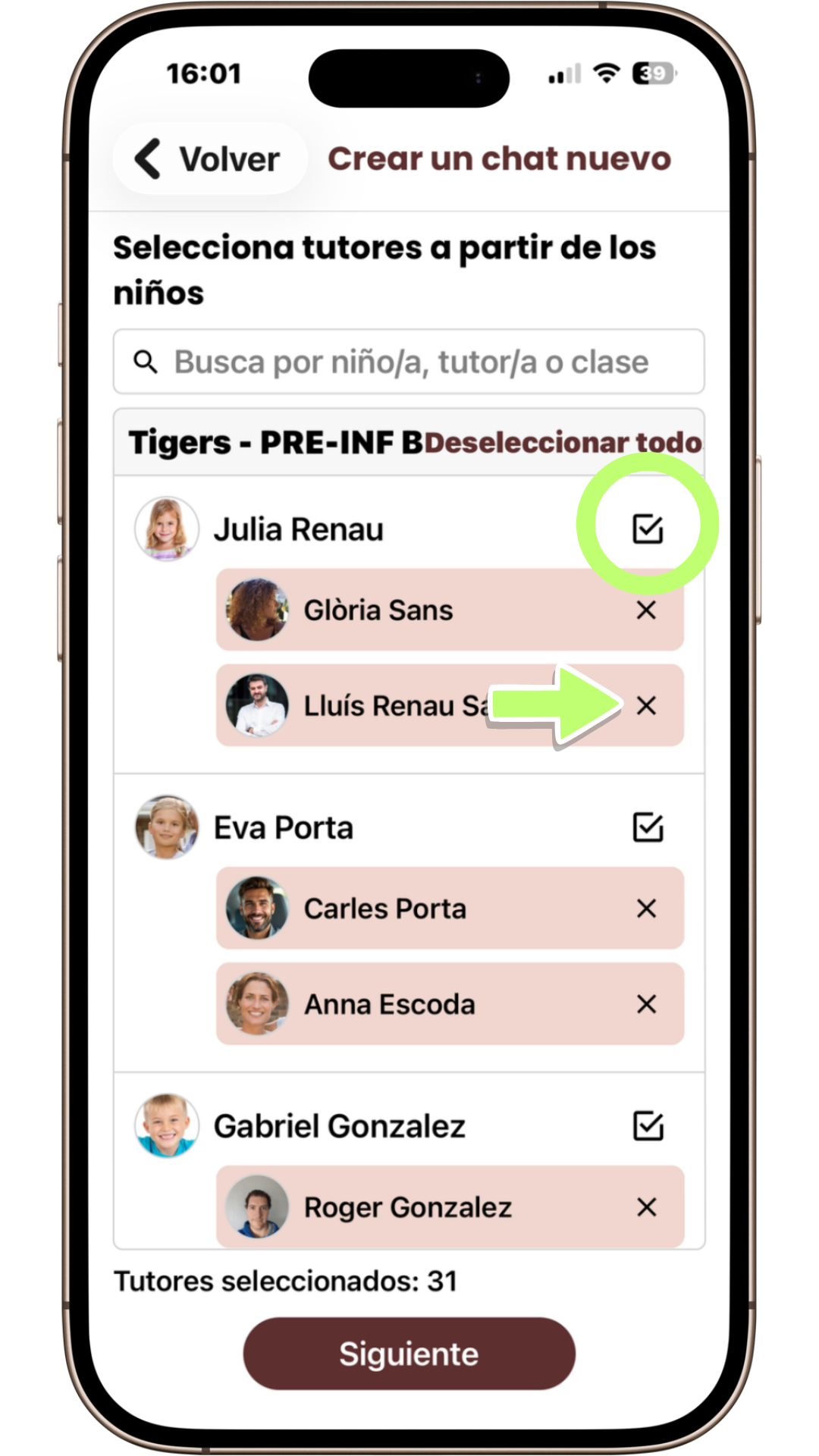 Selección de participantes en el chat